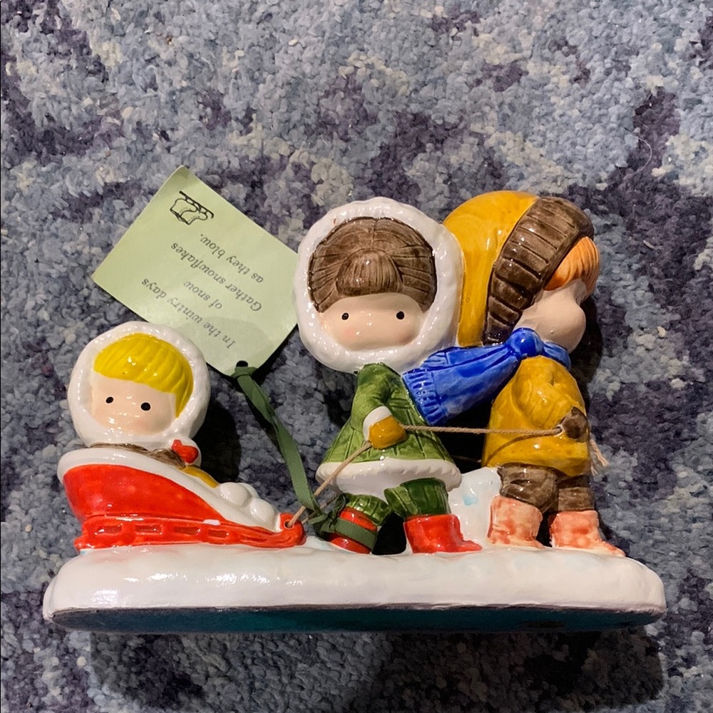 Vintage 1972 handmade in Japan, 3 children sledding figurine in very good shape